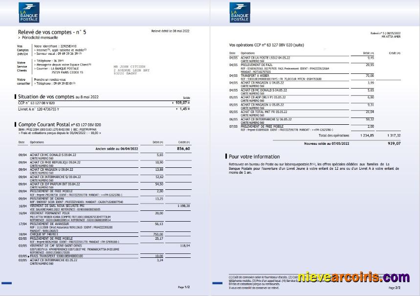 France La Banque postale bank statement 3 pages